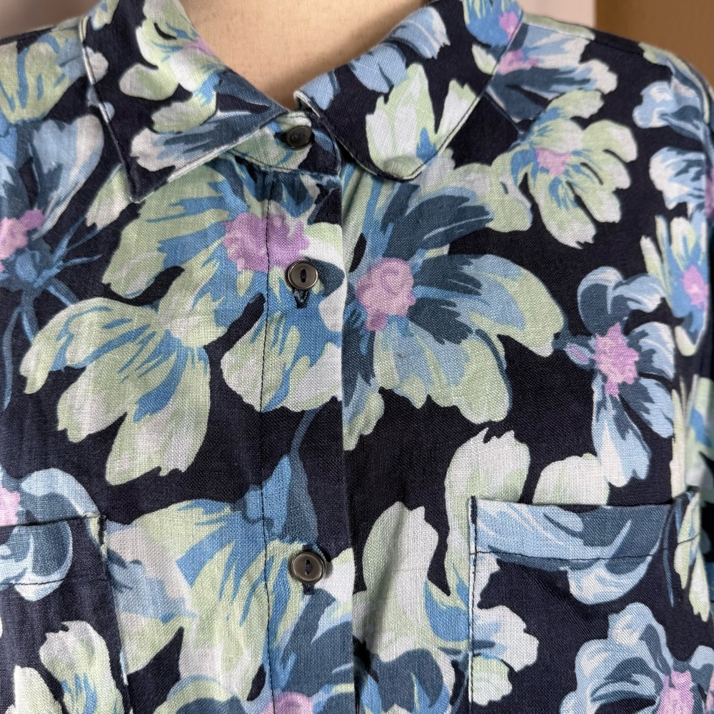 Linen Button Up Long‎ Adjustable Sleeve Navy Floral Charter Club Women’s Size 2X - Picture 10 of 11